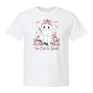 Halloween Ghost T-Shirt, Too Cute to Spook Pink Bow Pumpkin Design for Spooky Season