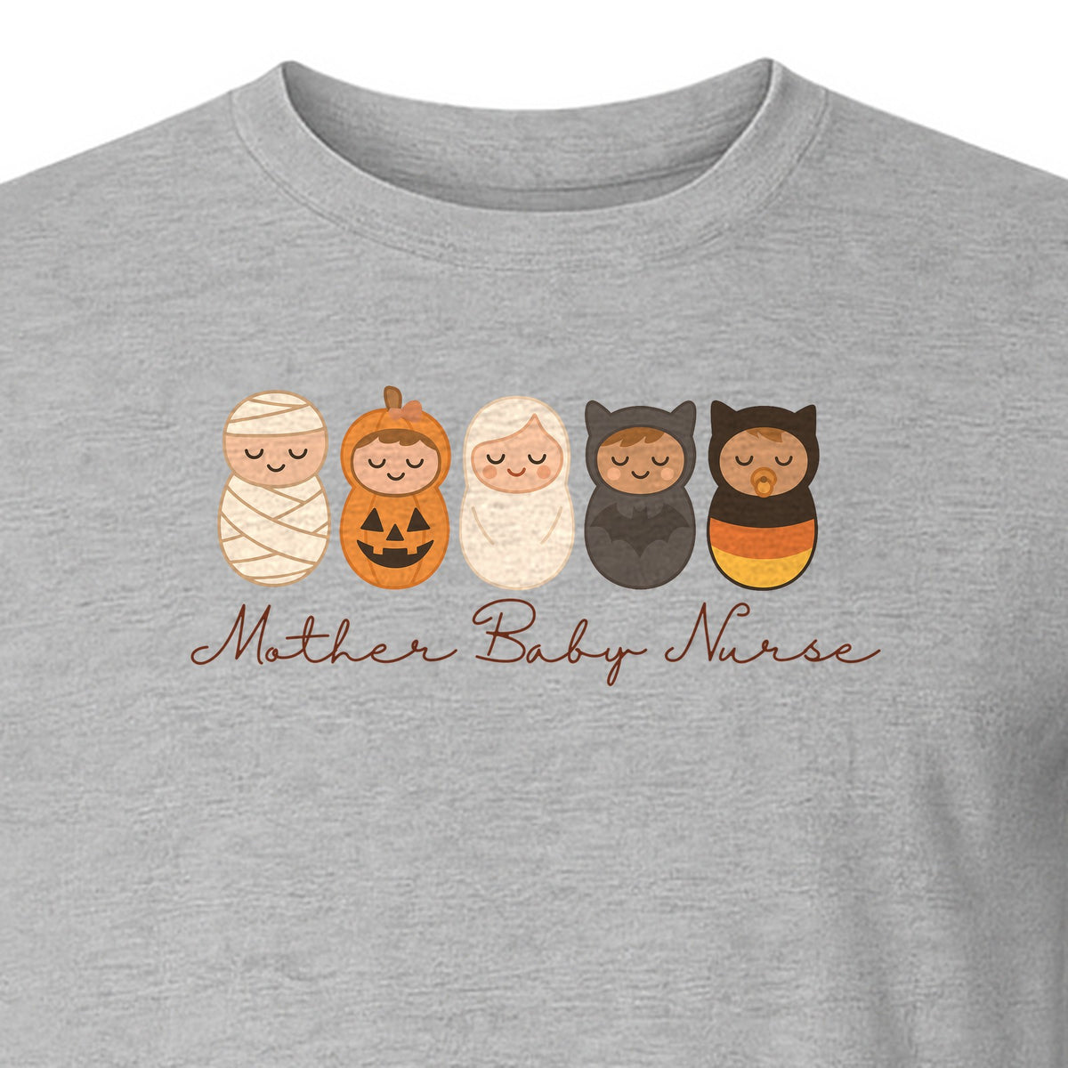 Mother Baby Nurse Halloween T-Shirt, Swaddled Pumpkin Babies Design for RN Staff