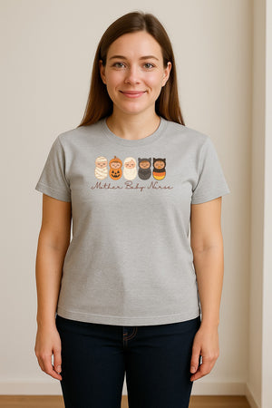 Mother Baby Nurse Halloween T-Shirt, Swaddled Pumpkin Babies Design for RN Staff