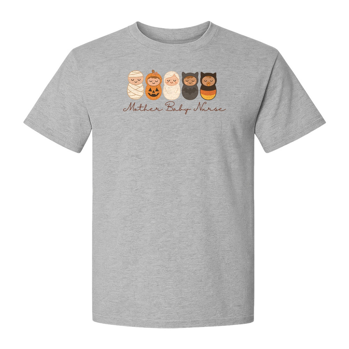 Mother Baby Nurse Halloween T-Shirt, Swaddled Pumpkin Babies Design for RN Staff