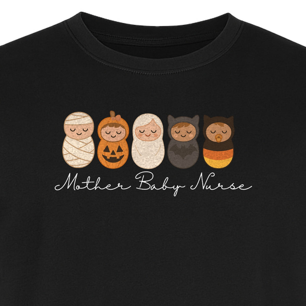 Mother Baby Nurse Halloween T-Shirt, Swaddled Pumpkin Babies Design for RN Staff