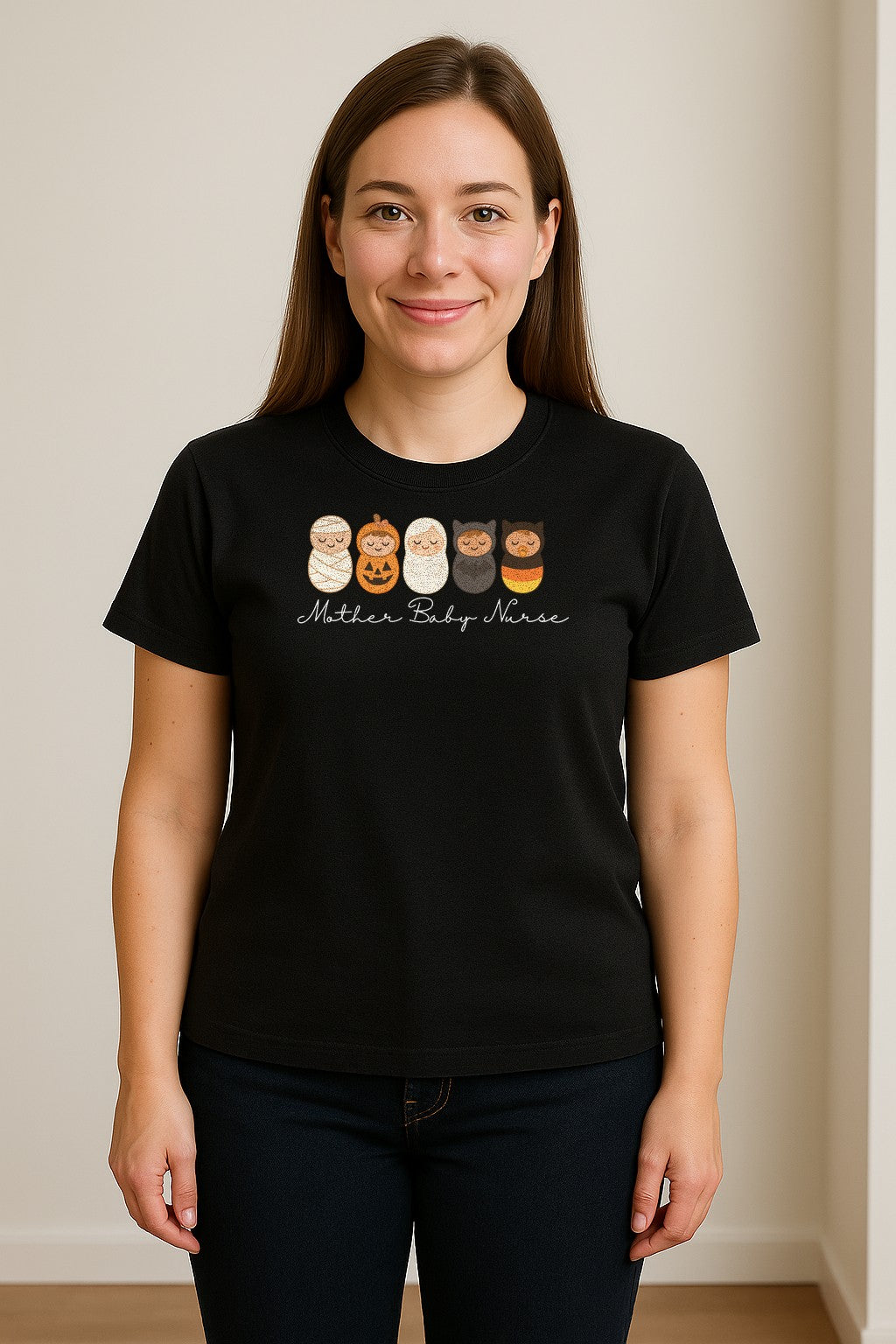 Mother Baby Nurse Halloween T-Shirt, Swaddled Pumpkin Babies Design for RN Staff