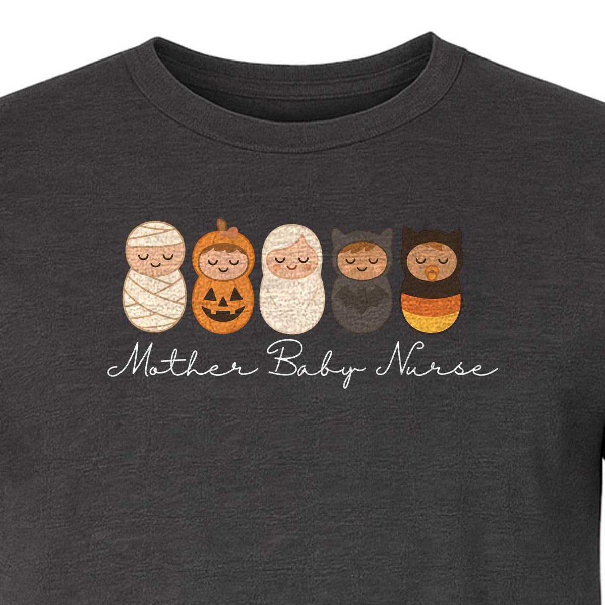 Mother Baby Nurse Halloween T-Shirt, Swaddled Pumpkin Babies Design for RN Staff