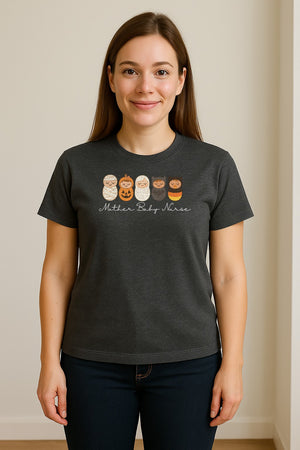 Mother Baby Nurse Halloween T-Shirt, Swaddled Pumpkin Babies Design for RN Staff
