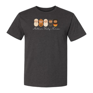 Mother Baby Nurse Halloween T-Shirt, Swaddled Pumpkin Babies Design for RN Staff
