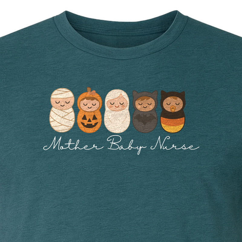 Mother Baby Nurse Halloween T-Shirt, Swaddled Pumpkin Babies Design for RN Staff