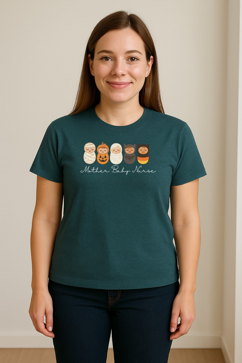 Mother Baby Nurse Halloween T-Shirt, Swaddled Pumpkin Babies Design for RN Staff