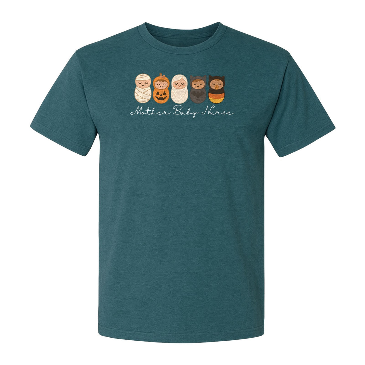 Mother Baby Nurse Halloween T-Shirt, Swaddled Pumpkin Babies Design for RN Staff