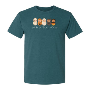 Mother Baby Nurse Halloween T-Shirt, Swaddled Pumpkin Babies Design for RN Staff