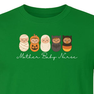 Mother Baby Nurse Halloween T-Shirt, Swaddled Pumpkin Babies Design for RN Staff