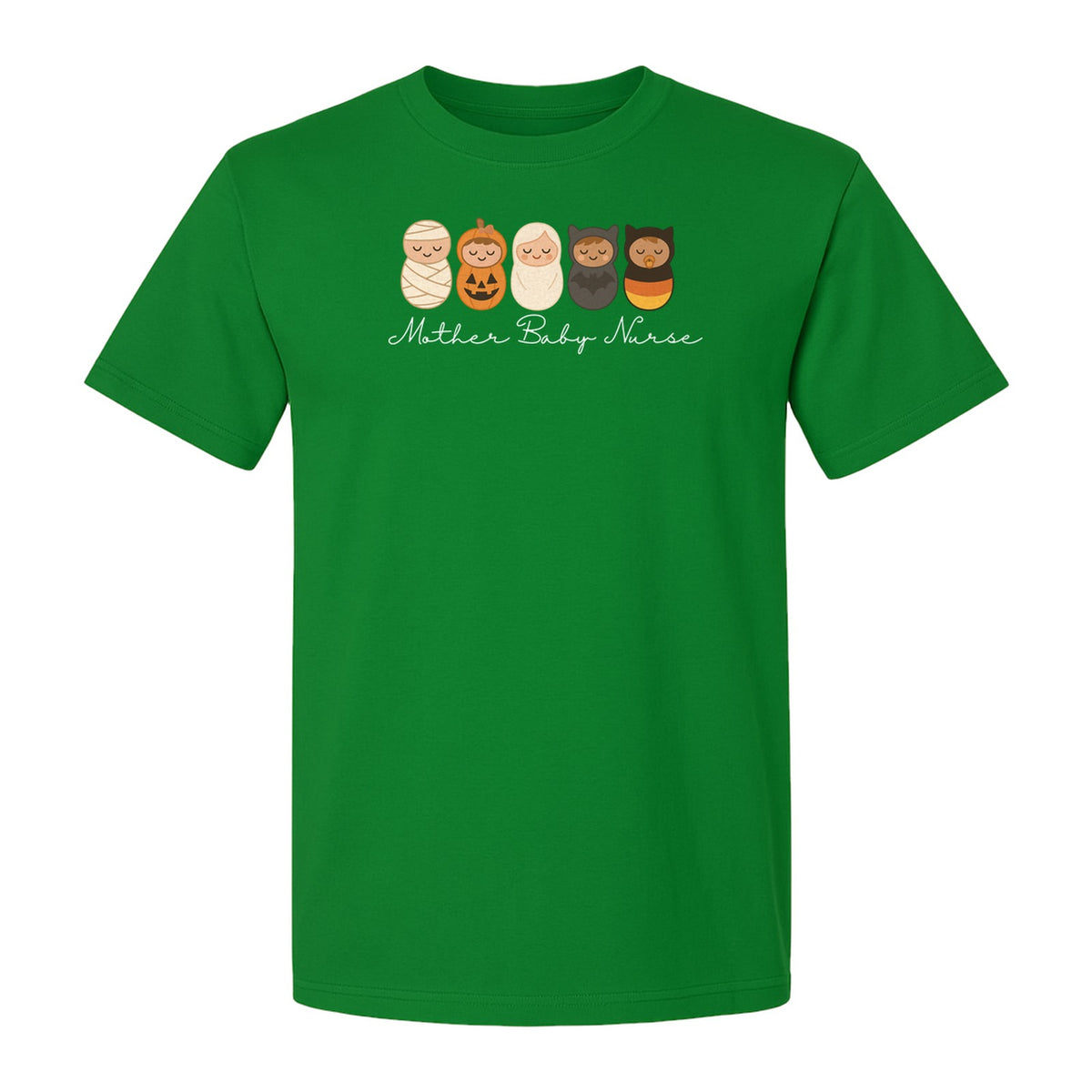 Mother Baby Nurse Halloween T-Shirt, Swaddled Pumpkin Babies Design for RN Staff