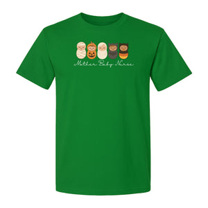 Mother Baby Nurse Halloween T-Shirt, Swaddled Pumpkin Babies Design for RN Staff