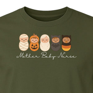 Mother Baby Nurse Halloween T-Shirt, Swaddled Pumpkin Babies Design for RN Staff