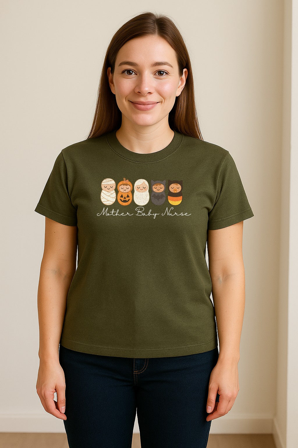 Mother Baby Nurse Halloween T-Shirt, Swaddled Pumpkin Babies Design for RN Staff