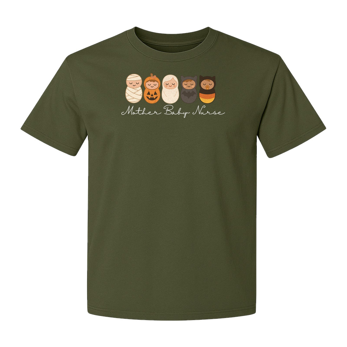 Mother Baby Nurse Halloween T-Shirt, Swaddled Pumpkin Babies Design for RN Staff