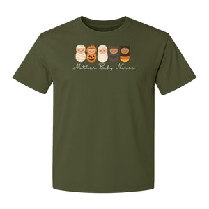 Mother Baby Nurse Halloween T-Shirt, Swaddled Pumpkin Babies Design for RN Staff