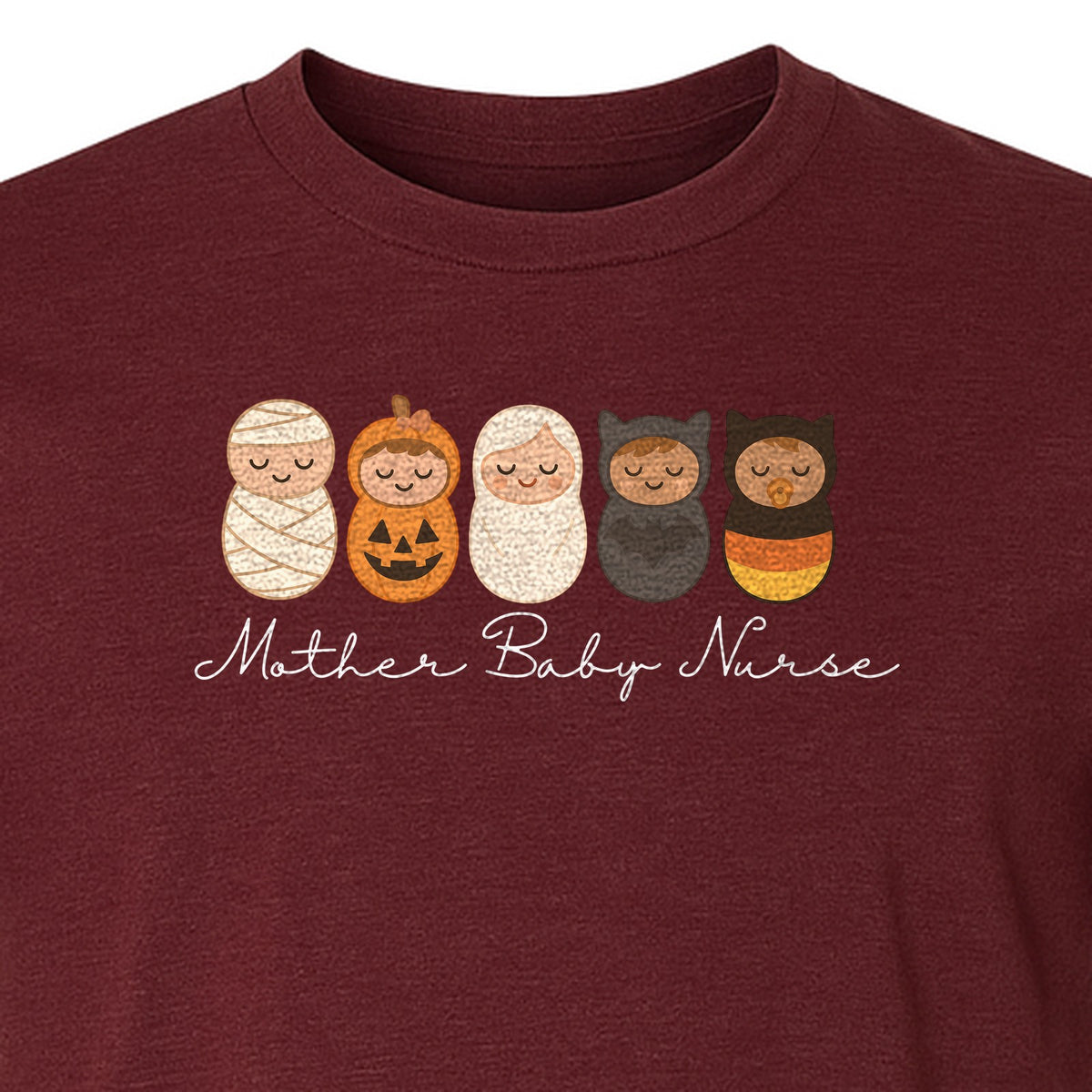 Mother Baby Nurse Halloween T-Shirt, Swaddled Pumpkin Babies Design for RN Staff