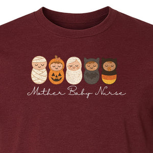 Mother Baby Nurse Halloween T-Shirt, Swaddled Pumpkin Babies Design for RN Staff