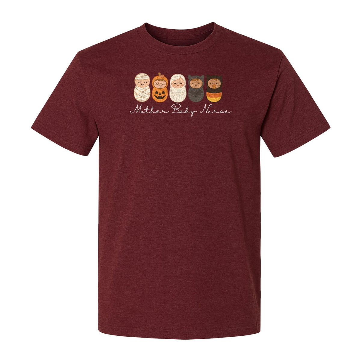 Mother Baby Nurse Halloween T-Shirt, Swaddled Pumpkin Babies Design for RN Staff