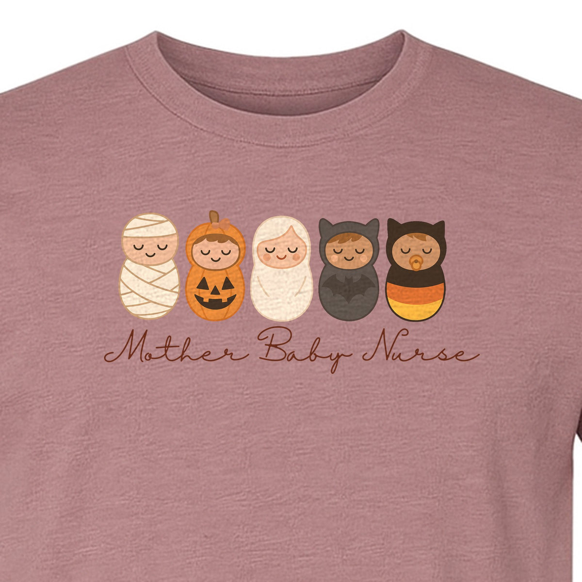 Mother Baby Nurse Halloween T-Shirt, Swaddled Pumpkin Babies Design for RN Staff