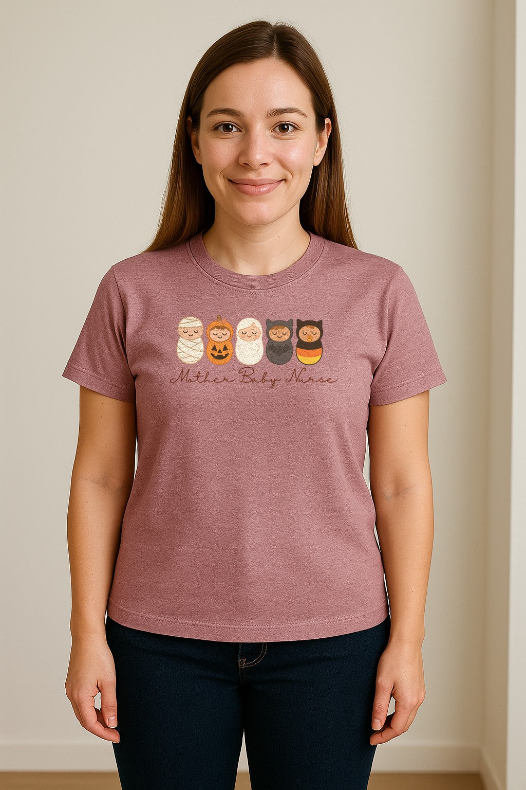 Mother Baby Nurse Halloween T-Shirt, Swaddled Pumpkin Babies Design for RN Staff