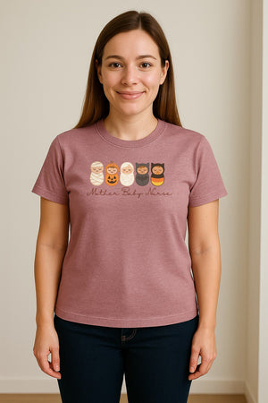 Mother Baby Nurse Halloween T-Shirt, Swaddled Pumpkin Babies Design for RN Staff