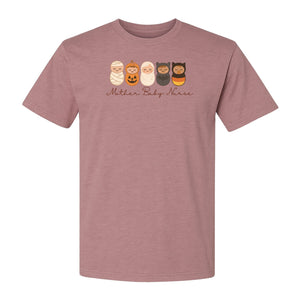 Mother Baby Nurse Halloween T-Shirt, Swaddled Pumpkin Babies Design for RN Staff