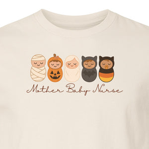 Mother Baby Nurse Halloween T-Shirt, Swaddled Pumpkin Babies Design for RN Staff