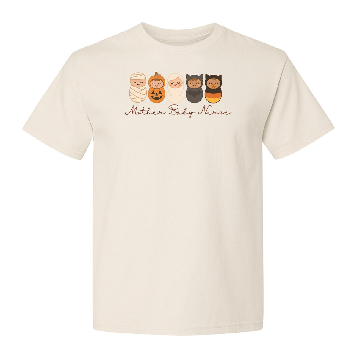 Mother Baby Nurse Halloween T-Shirt, Swaddled Pumpkin Babies Design for RN Staff