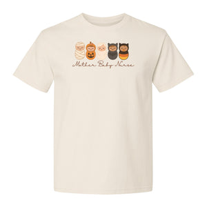 Mother Baby Nurse Halloween T-Shirt, Swaddled Pumpkin Babies Design for RN Staff
