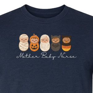 Mother Baby Nurse Halloween T-Shirt, Swaddled Pumpkin Babies Design for RN Staff