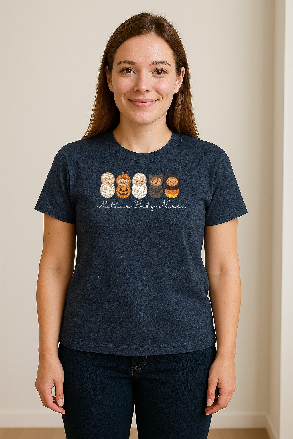 Mother Baby Nurse Halloween T-Shirt, Swaddled Pumpkin Babies Design for RN Staff