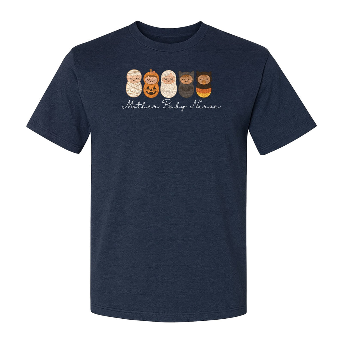 Mother Baby Nurse Halloween T-Shirt, Swaddled Pumpkin Babies Design for RN Staff