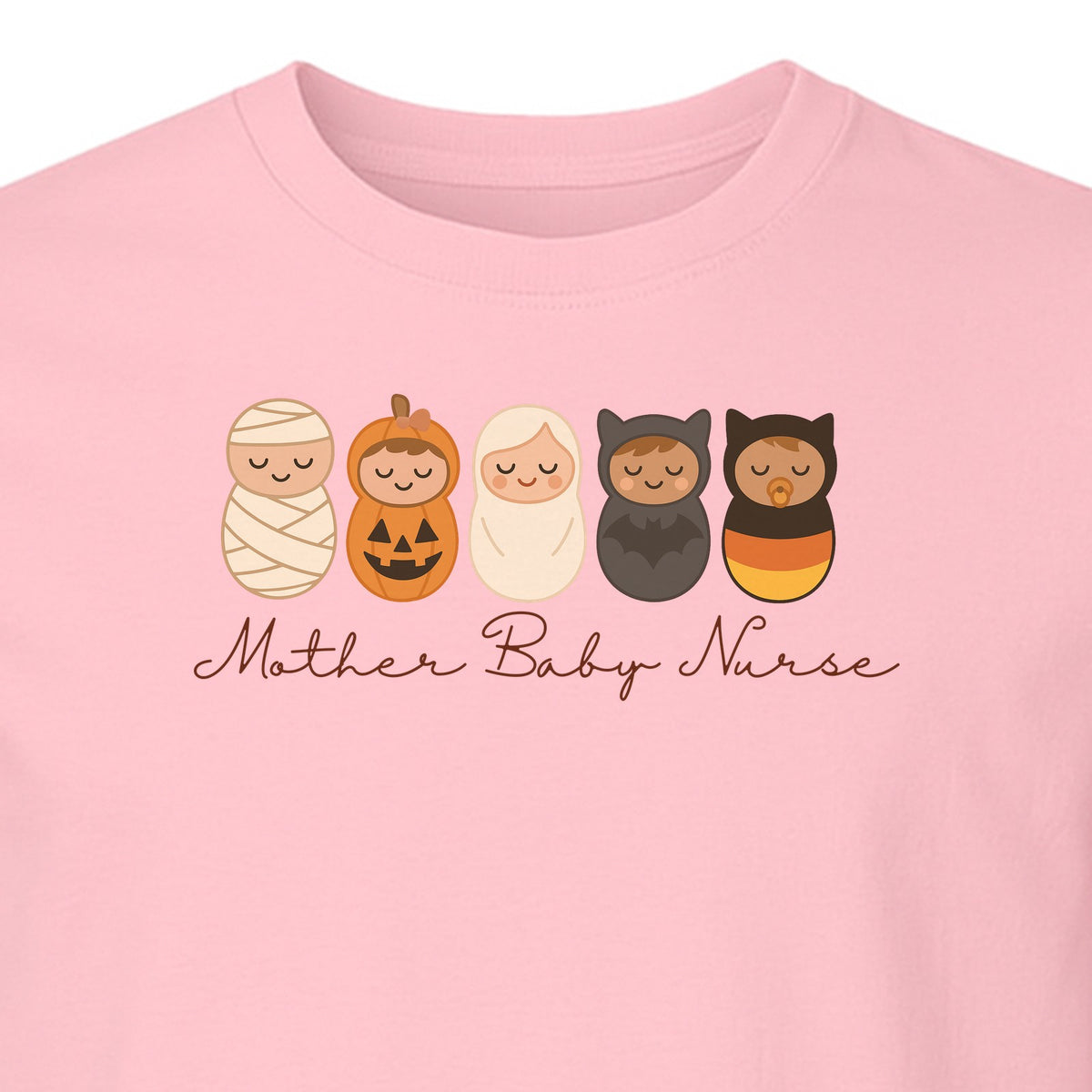 Mother Baby Nurse Halloween T-Shirt, Swaddled Pumpkin Babies Design for RN Staff