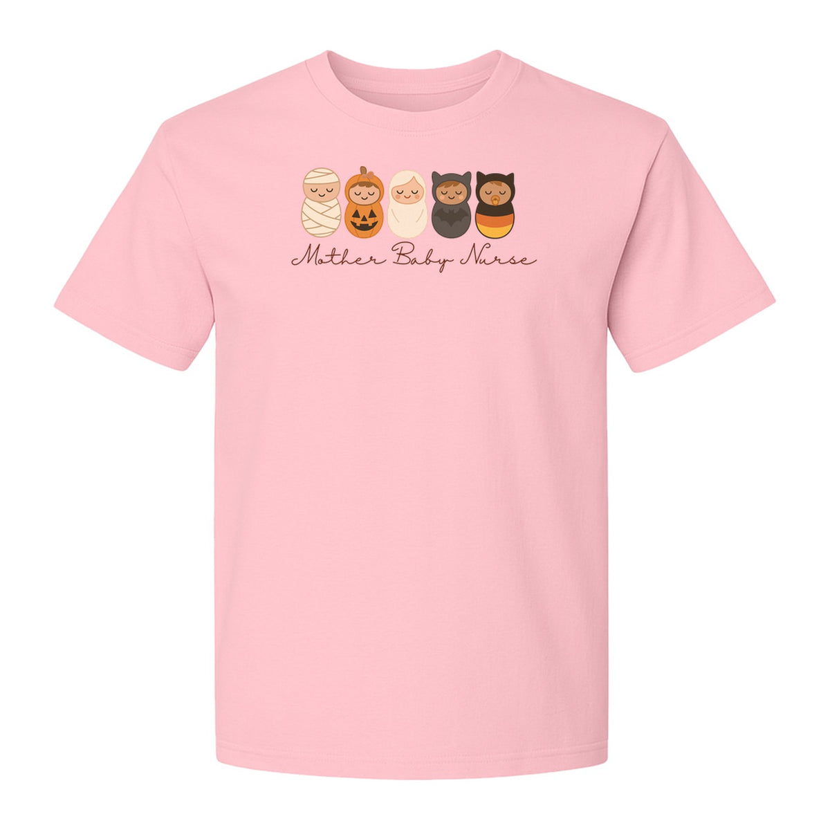 Mother Baby Nurse Halloween T-Shirt, Swaddled Pumpkin Babies Design for RN Staff