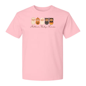 Mother Baby Nurse Halloween T-Shirt, Swaddled Pumpkin Babies Design for RN Staff