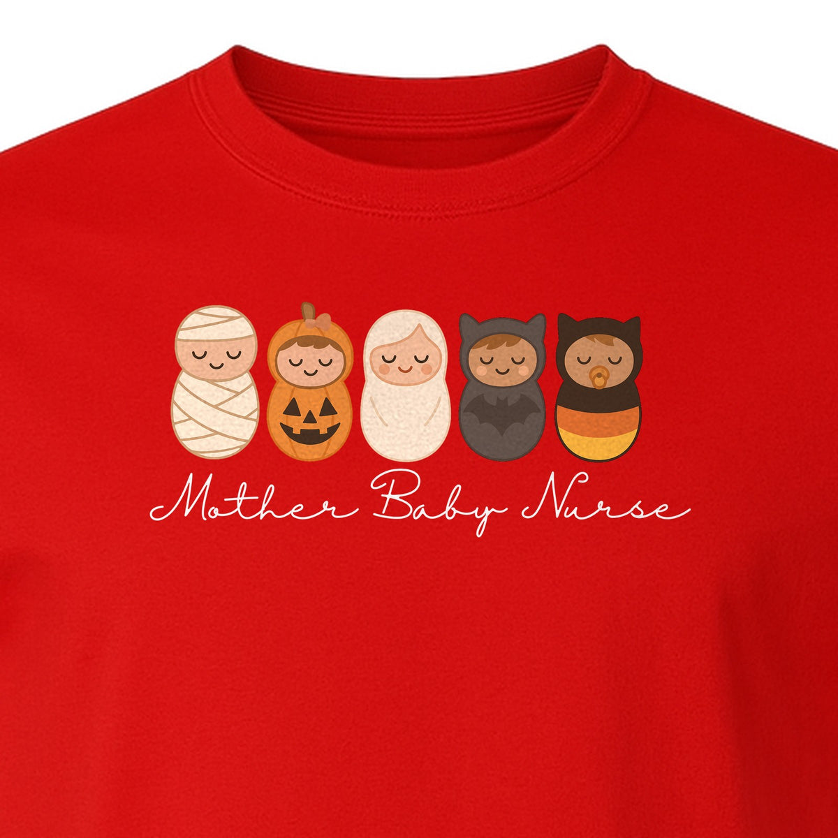 Mother Baby Nurse Halloween T-Shirt, Swaddled Pumpkin Babies Design for RN Staff