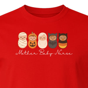 Mother Baby Nurse Halloween T-Shirt, Swaddled Pumpkin Babies Design for RN Staff