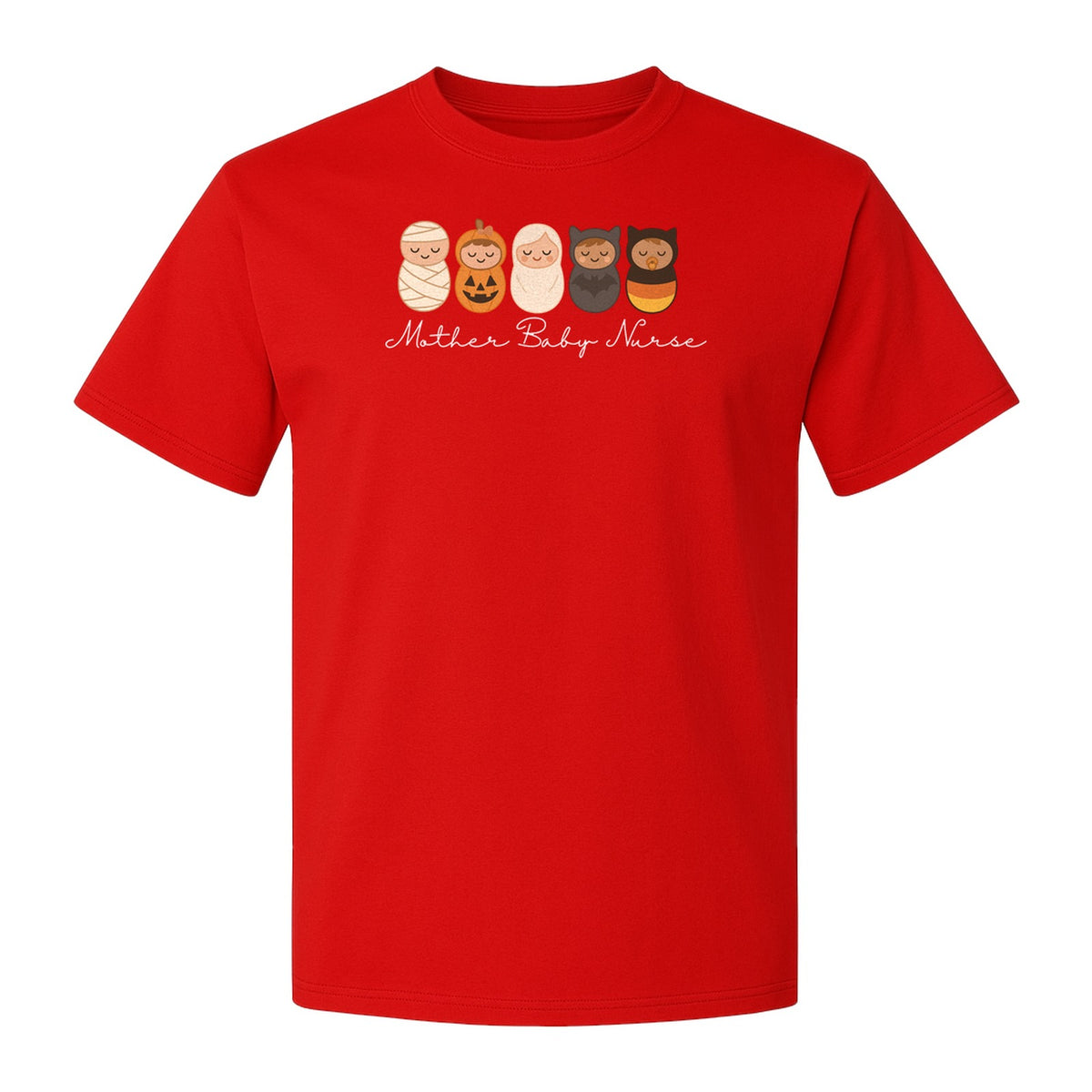 Mother Baby Nurse Halloween T-Shirt, Swaddled Pumpkin Babies Design for RN Staff