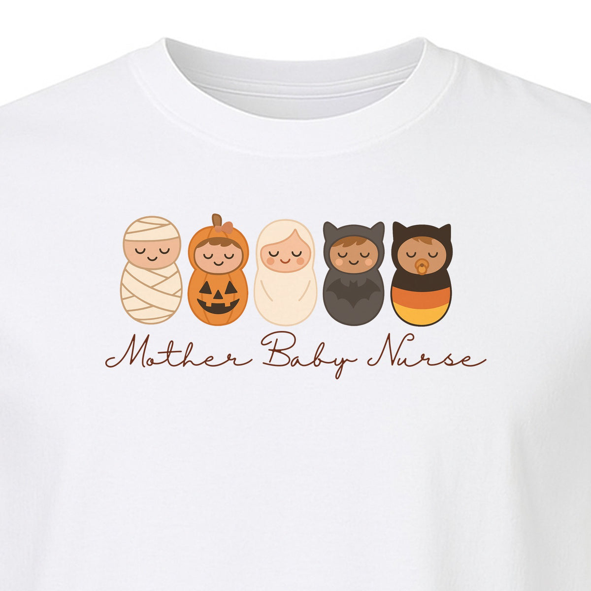 Mother Baby Nurse Halloween T-Shirt, Swaddled Pumpkin Babies Design for RN Staff