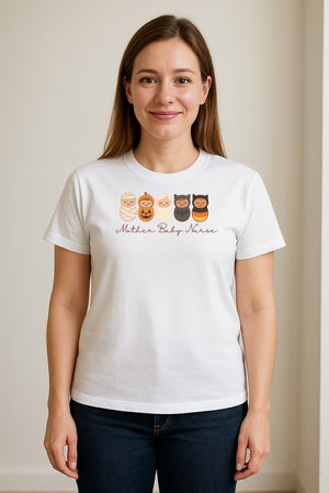 Mother Baby Nurse Halloween T-Shirt, Swaddled Pumpkin Babies Design for RN Staff