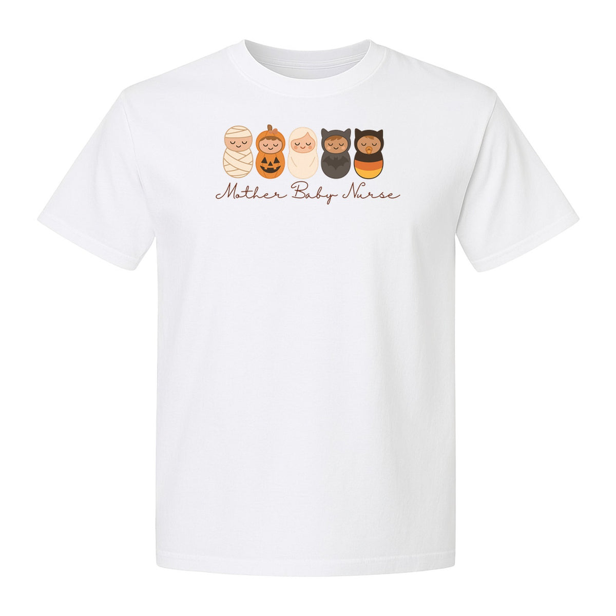 Mother Baby Nurse Halloween T-Shirt, Swaddled Pumpkin Babies Design for RN Staff