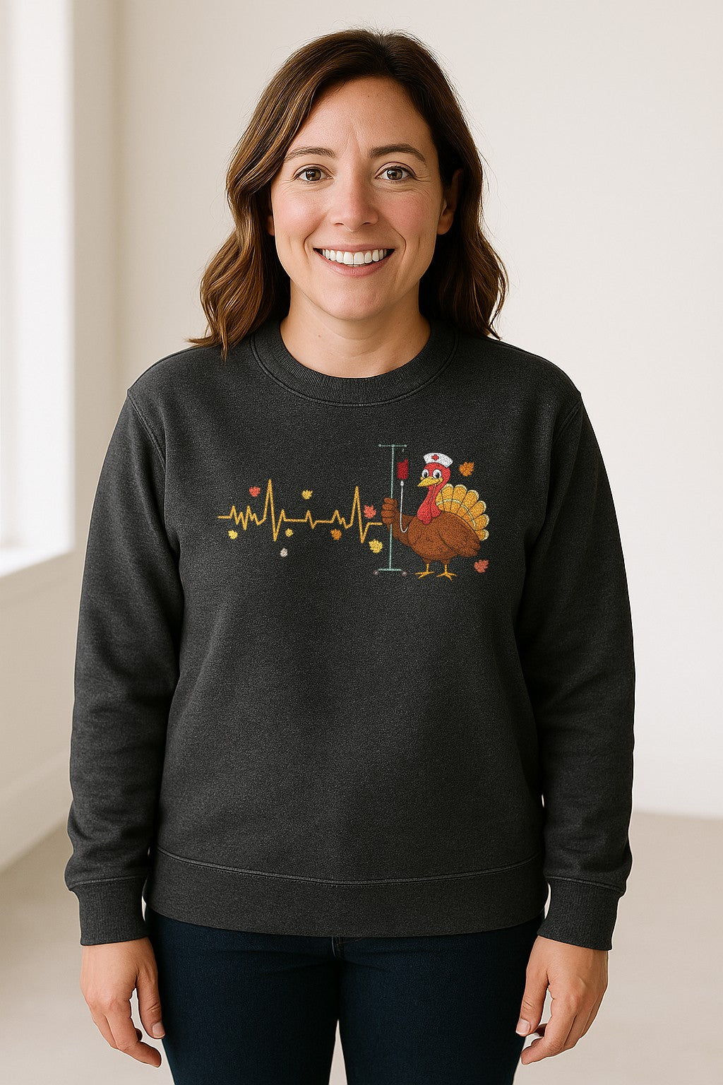 Nurse Thanksgiving Sweatshirt, Turkey Heartbeat and IV Cart Design for RN Fall Gatherings