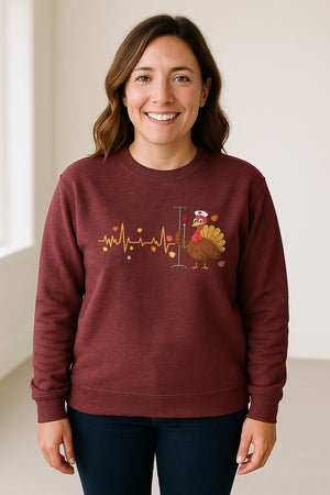 Nurse Thanksgiving Sweatshirt, Turkey Heartbeat and IV Cart Design for RN Fall Gatherings