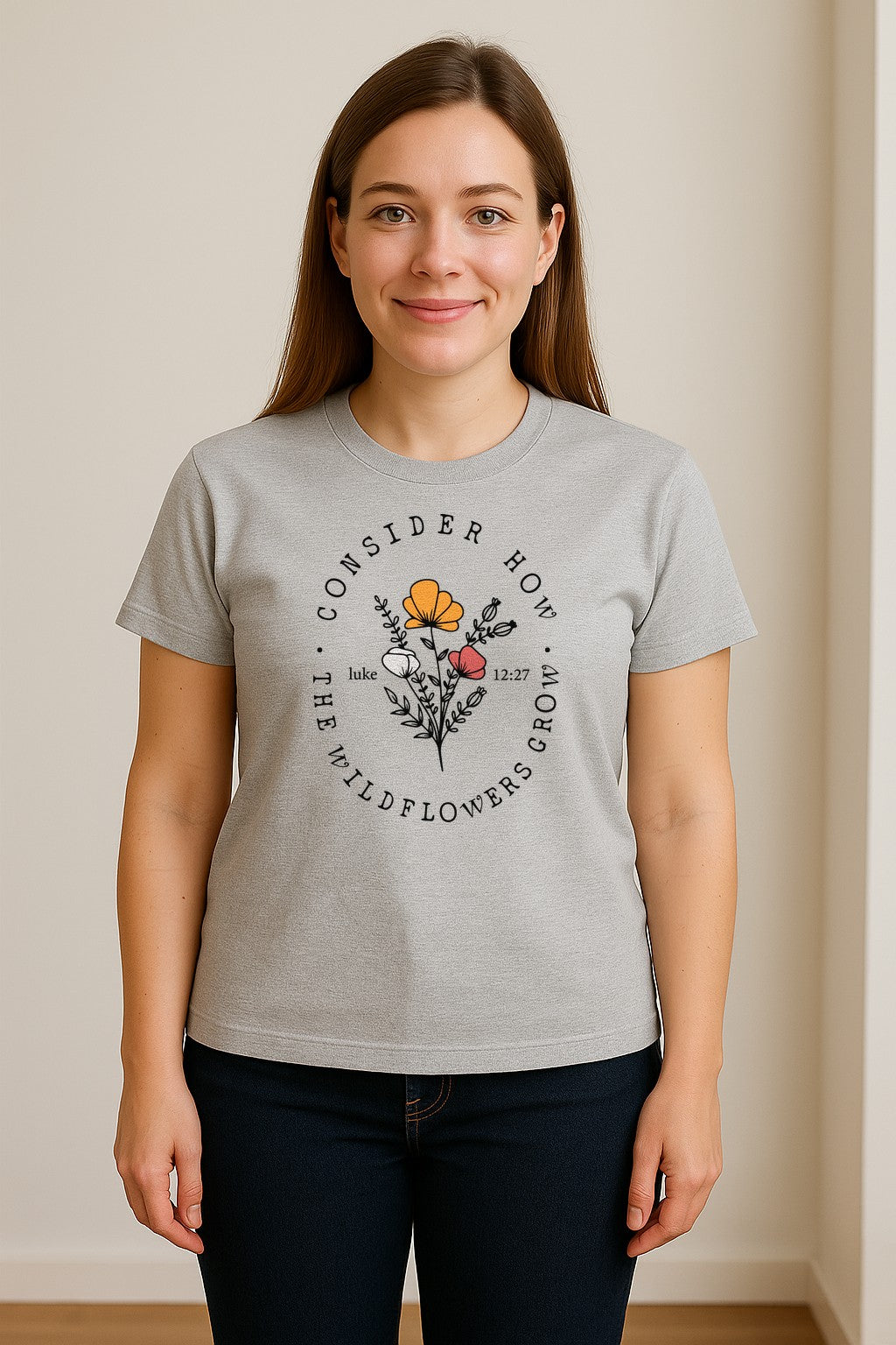 Christian T-Shirt, Wildflower Luke 12:27 Scripture Design for Women and Faith Gifts