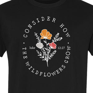 Christian T-Shirt, Wildflower Luke 12:27 Scripture Design for Women and Faith Gifts
