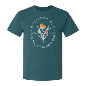 Christian T-Shirt, Wildflower Luke 12:27 Scripture Design for Women and Faith Gifts