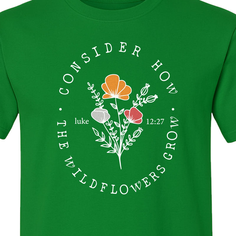 Christian T-Shirt, Wildflower Luke 12:27 Scripture Design for Women and Faith Gifts