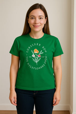 Christian T-Shirt, Wildflower Luke 12:27 Scripture Design for Women and Faith Gifts