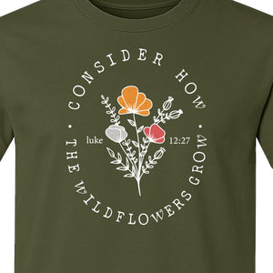Christian T-Shirt, Wildflower Luke 12:27 Scripture Design for Women and Faith Gifts